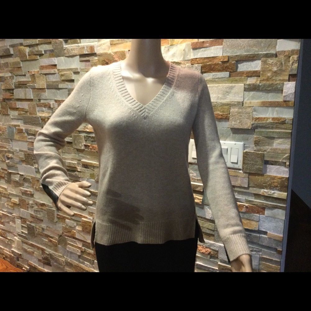 J Crew Cashmere Blend Leather Panel V-neck Sweater